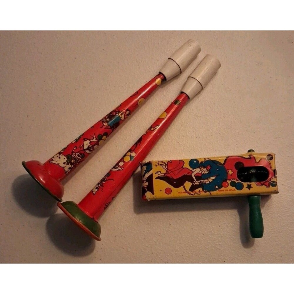 Vtg Noisemaker Lot 3 Tin Lithograph Horn Clacker  Circus